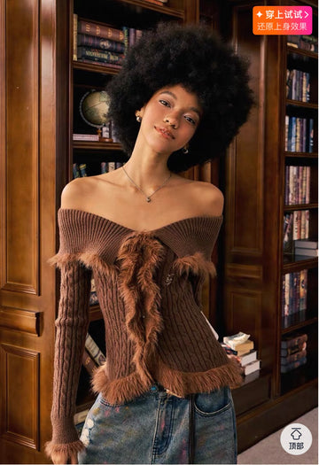 Brick Lane Skimming Off-Shoulder Textured Knit Top - Brown