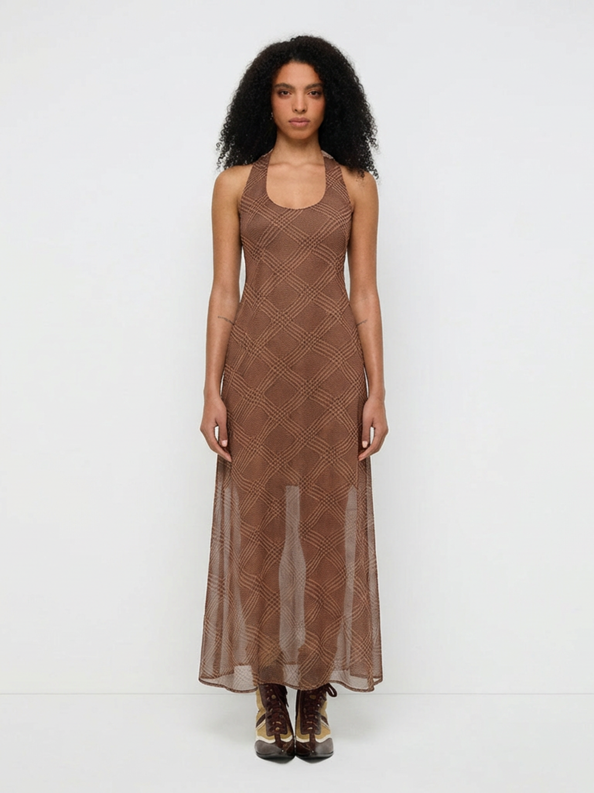Cocoa Hour Halter Maxi Dress – Chocolate Plaid