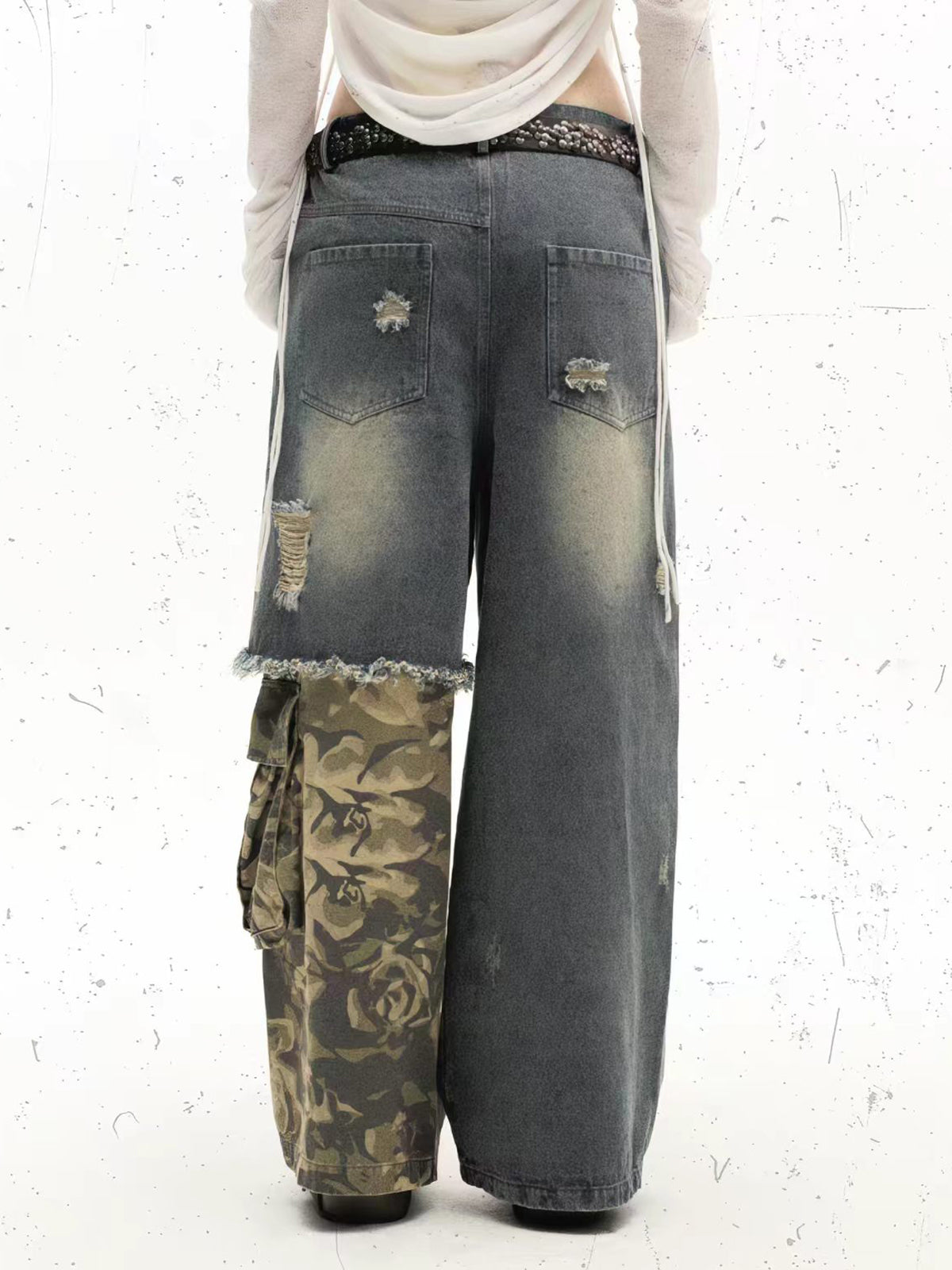 American Club Wide-leg Camo Patchwork Washed Denim Maxi Pants - Blue