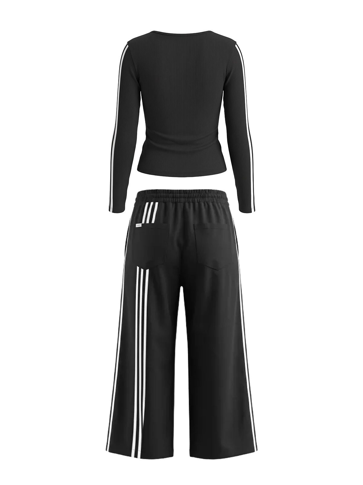 American Club Side Striped Long Sleeve Top and Wide-leg Pants Two-Piece Set - Black