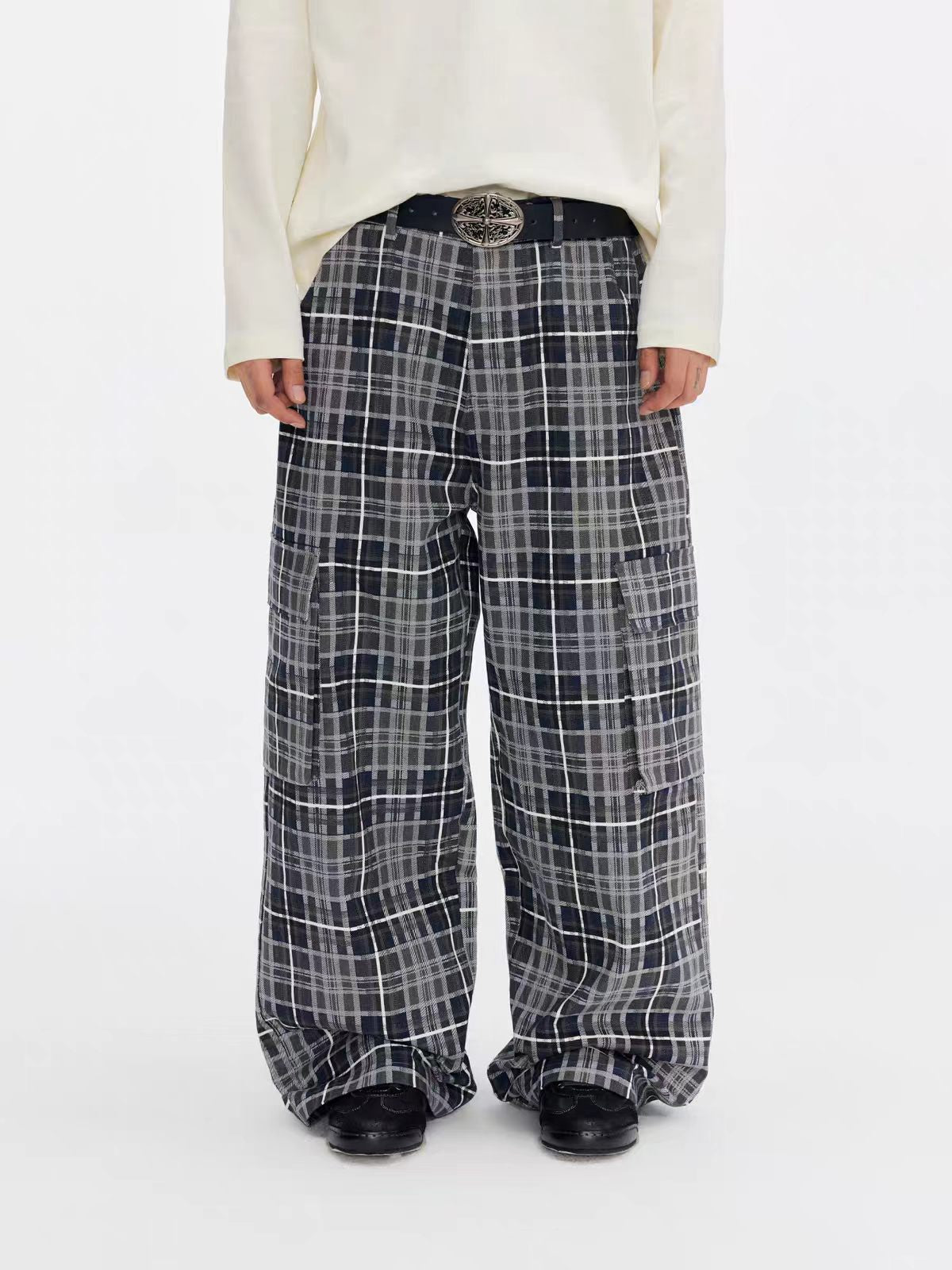 Weekday Outdoor Wide-leg Plaid Cargo Maxi Pants - Blue