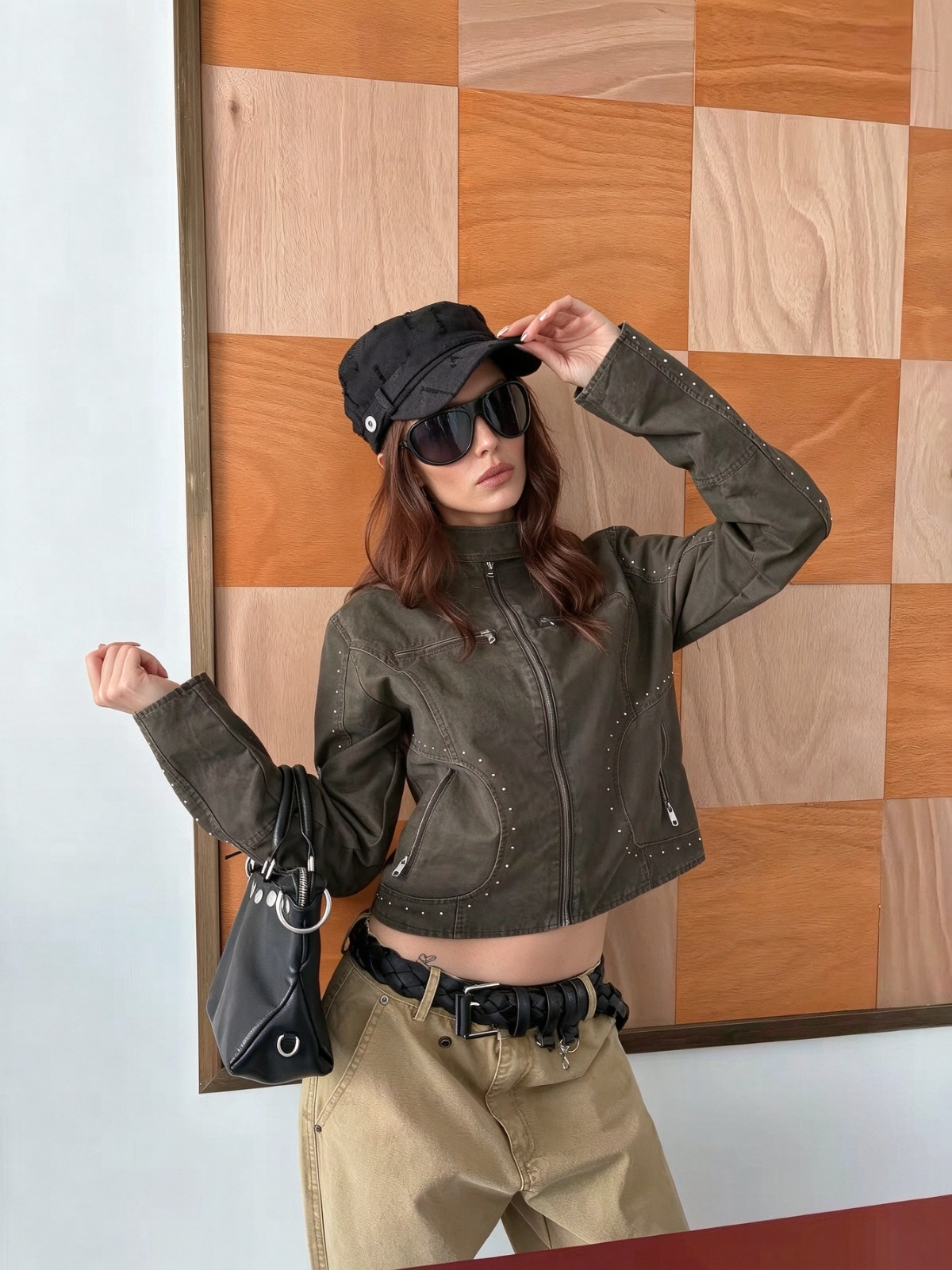 Weekday Outdoor Zip-Up Hooded Utility Windbreaker Jacket - Olive