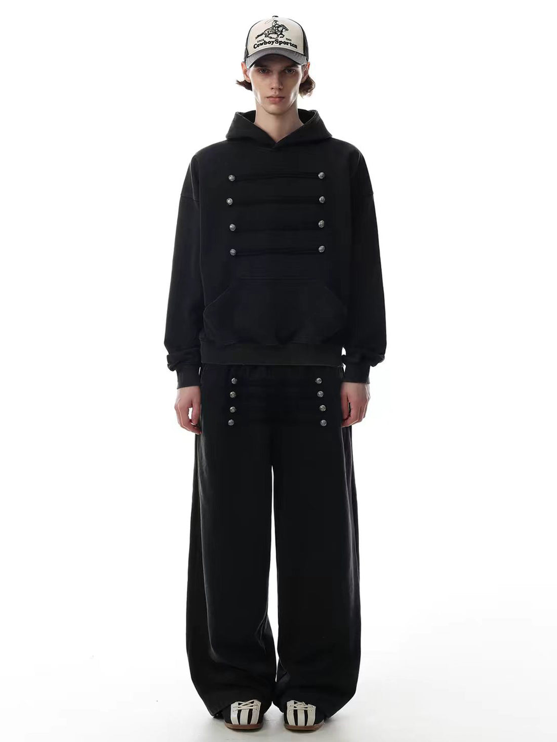 Brick Lane Double-Breasted Button Front Wide-Leg Maxi Pants - Black