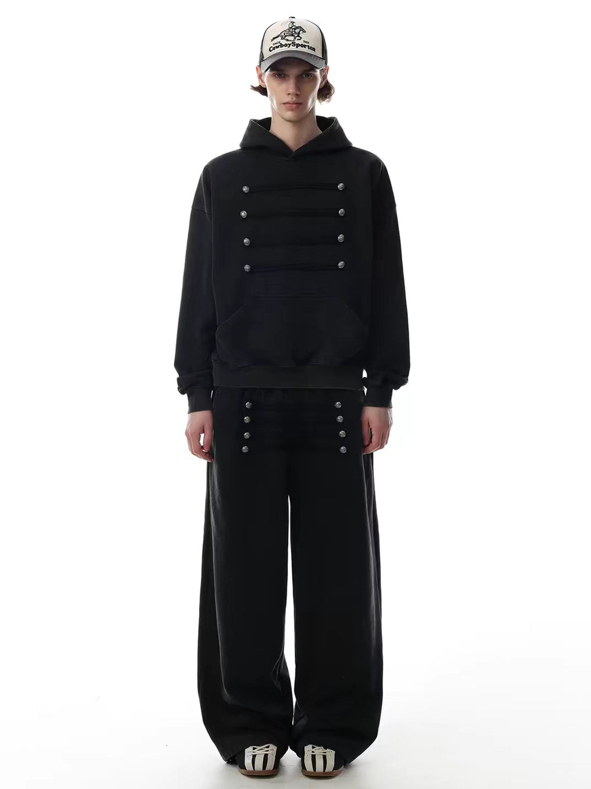 Brick Lane Double-Breasted Button Front Wide-Leg Maxi Pants - Black