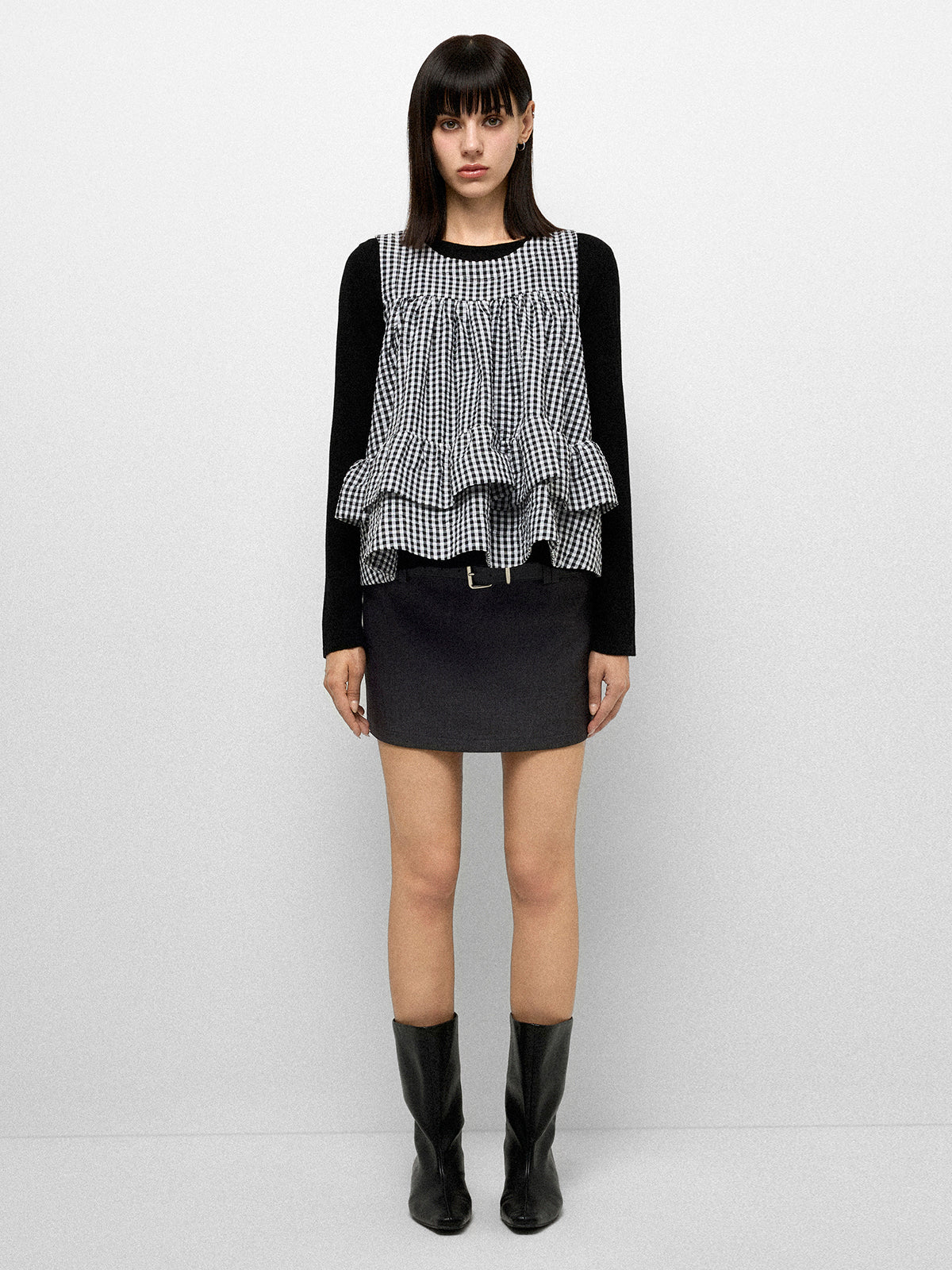 City Flirt Ruffle Tank Top – Black Check