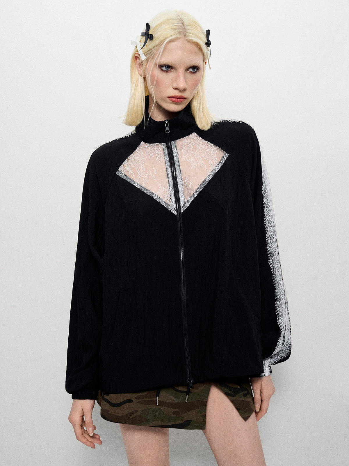 Lace-Block Zip Jacket - Noir Contrast