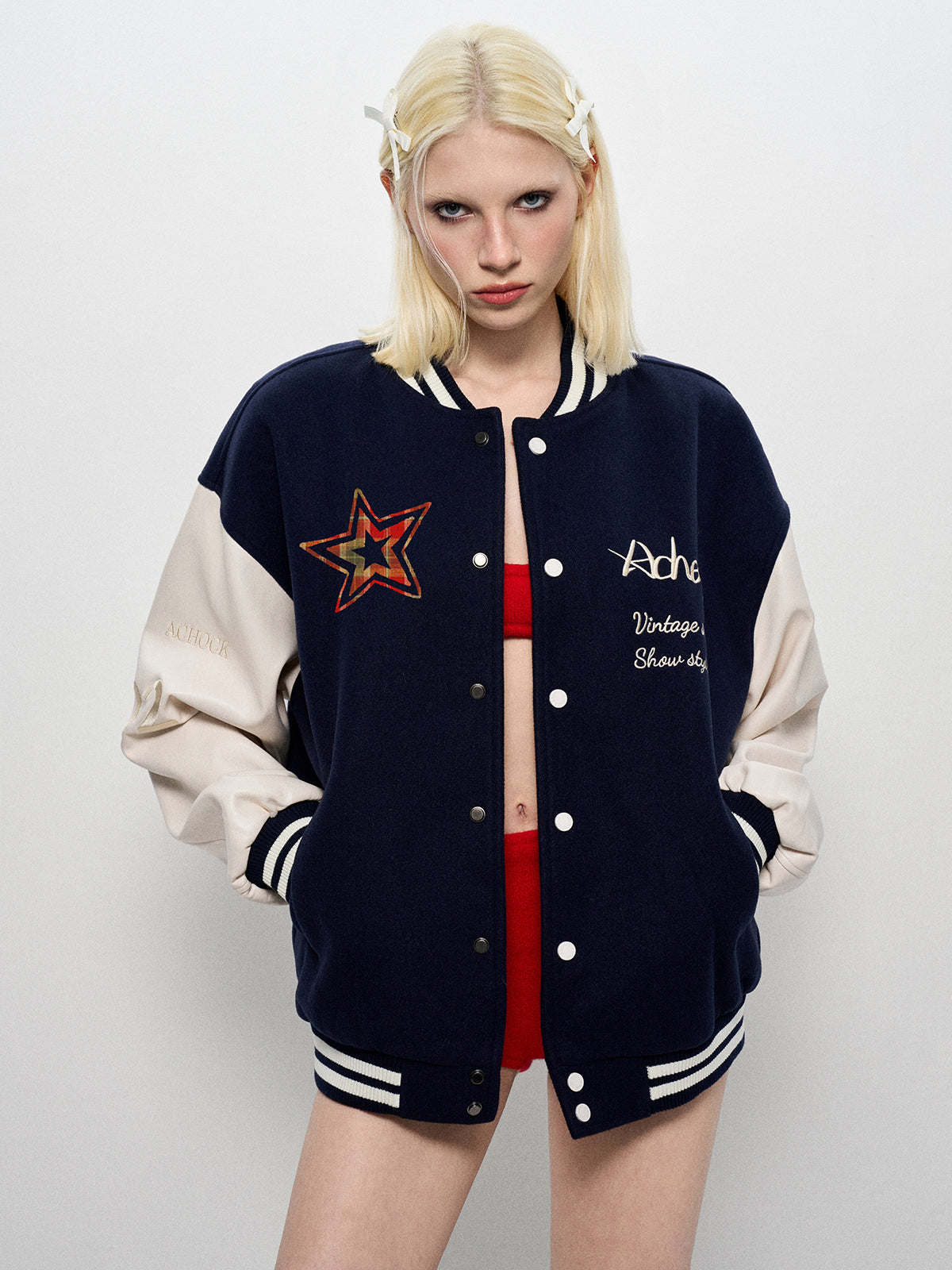Iconic Contrast Varsity Jacket - Navy White