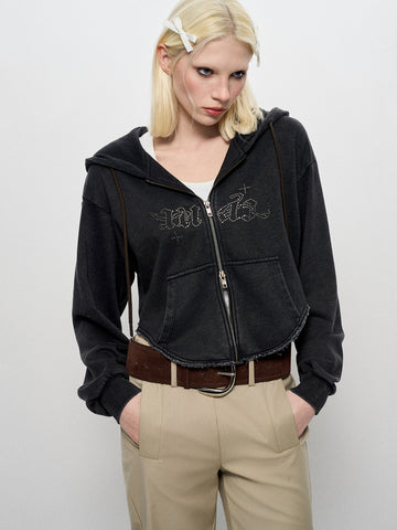 Cropped Studded Zip Hoodie – Washed Black