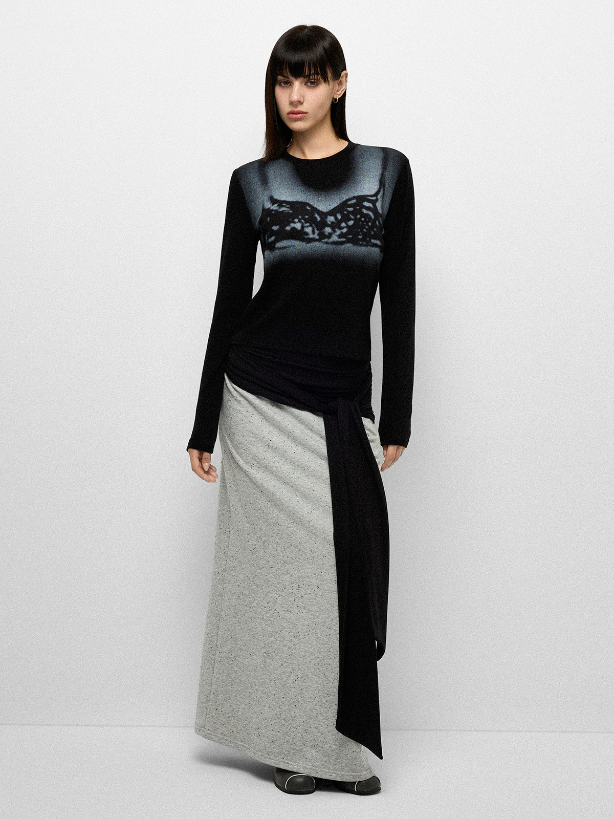 Night Sketch Sleeve Top -Black Ink