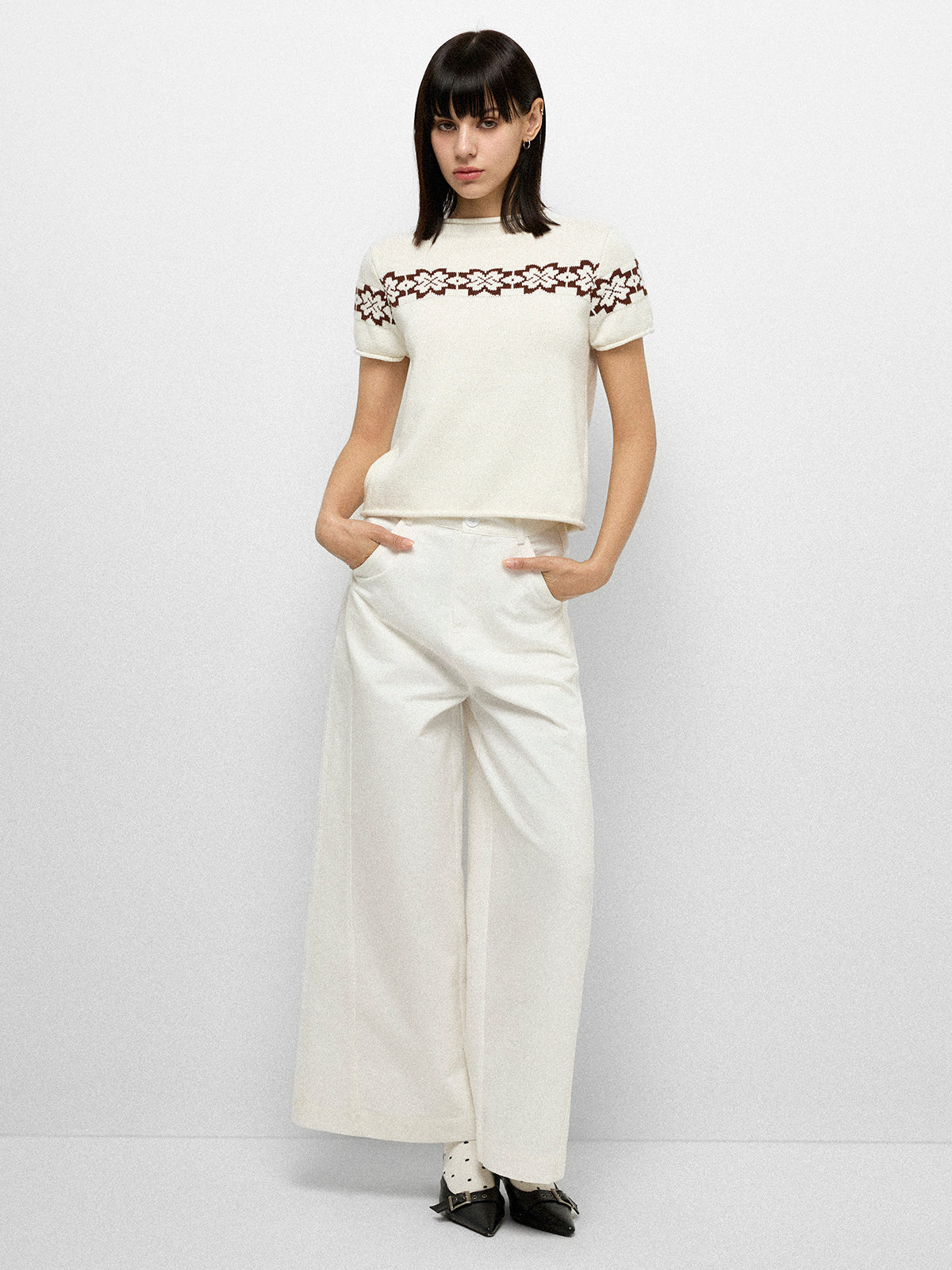 Bloom Band Knit Tee – White Brown