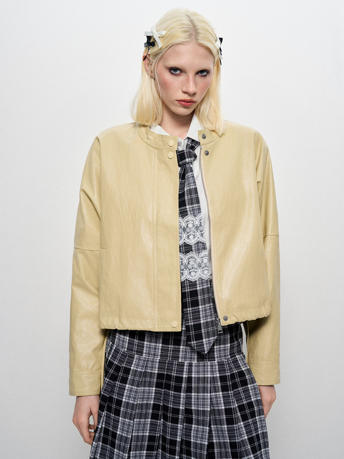 Pucker Ruchéd Leather Jacket - Dune khaki