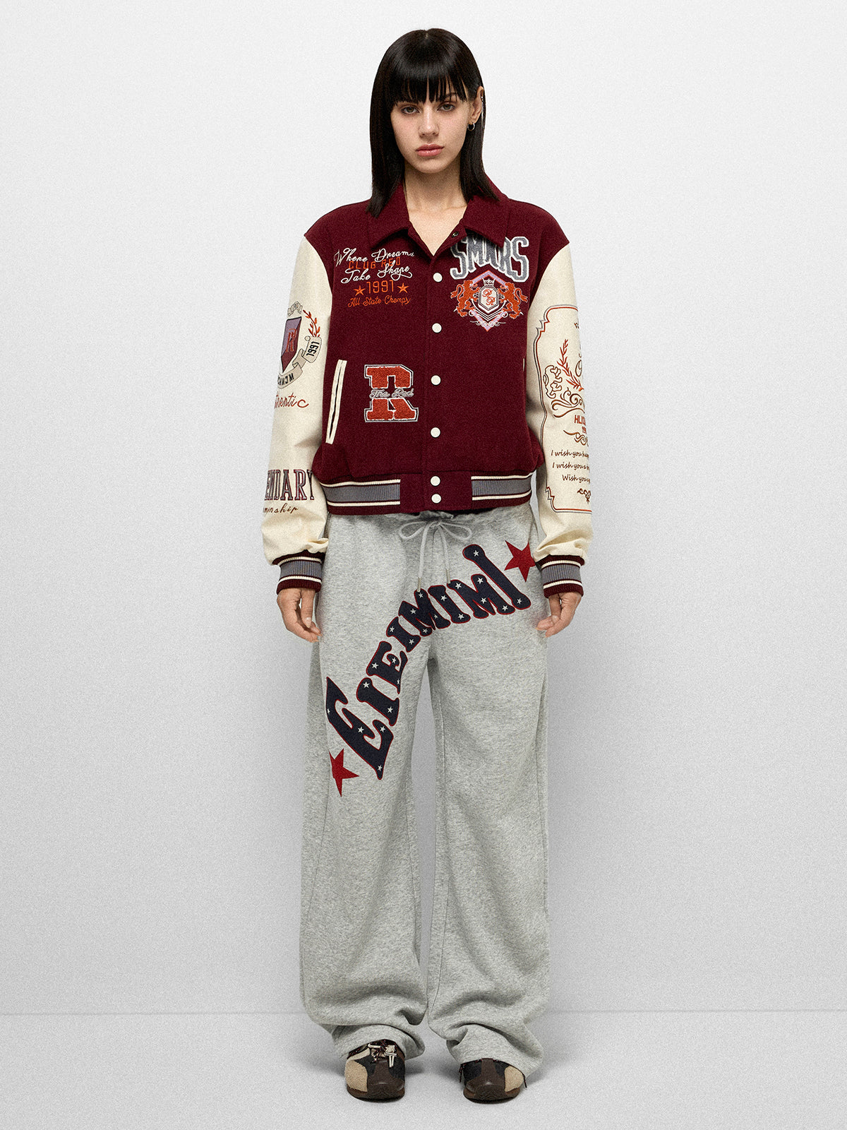 Americana Patchwork Varsity Jacket - Burgundy Cream
