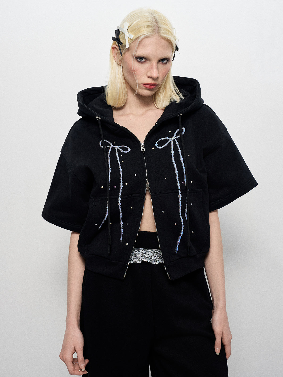 Pearl Rebel Set Zipper Hoodie- Noir Whisper