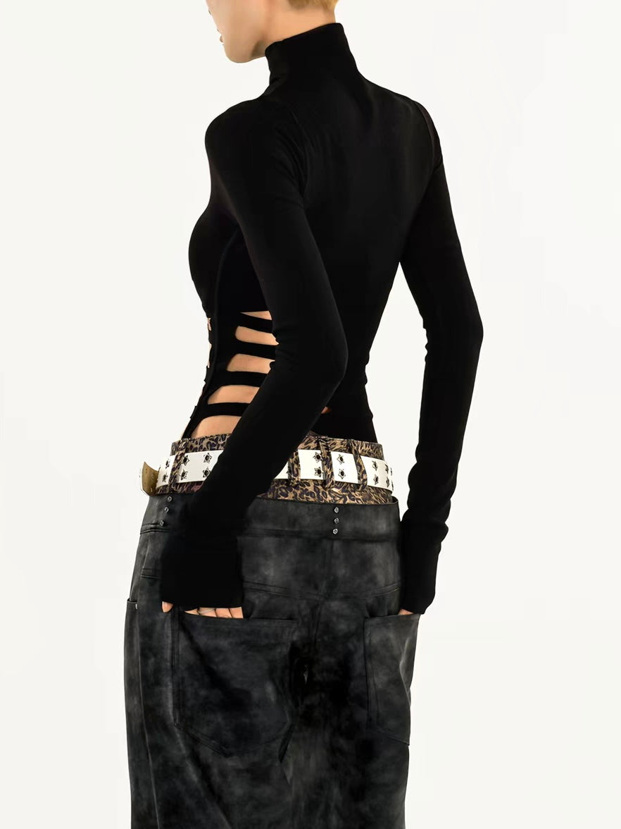 Brick Lane Skimming Cut-out Mock Neck Long Sleeve Top - Black