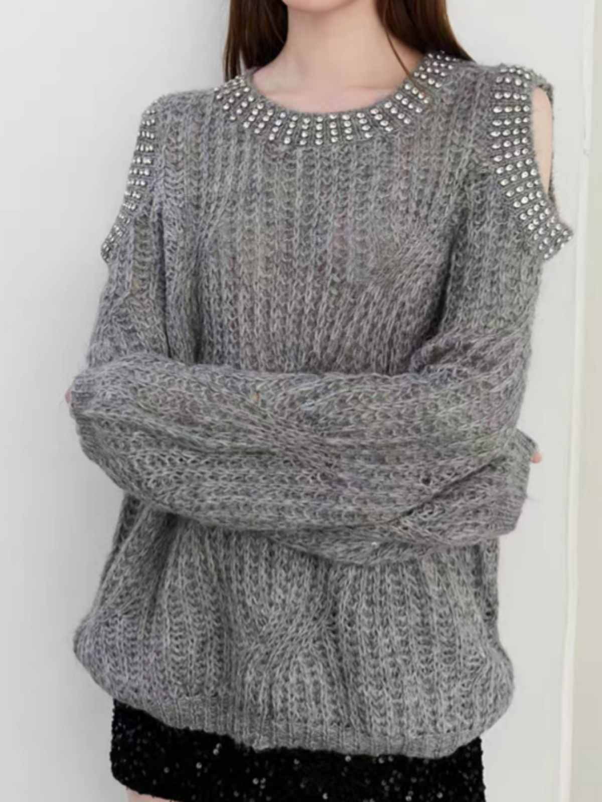 Brick Lane Ruffle Trim Textured Knit Long Sleeve Sweater - Heather Grey