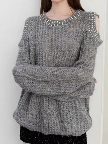 Brick Lane Ruffle Trim Textured Knit Long Sleeve Sweater - Heather Grey