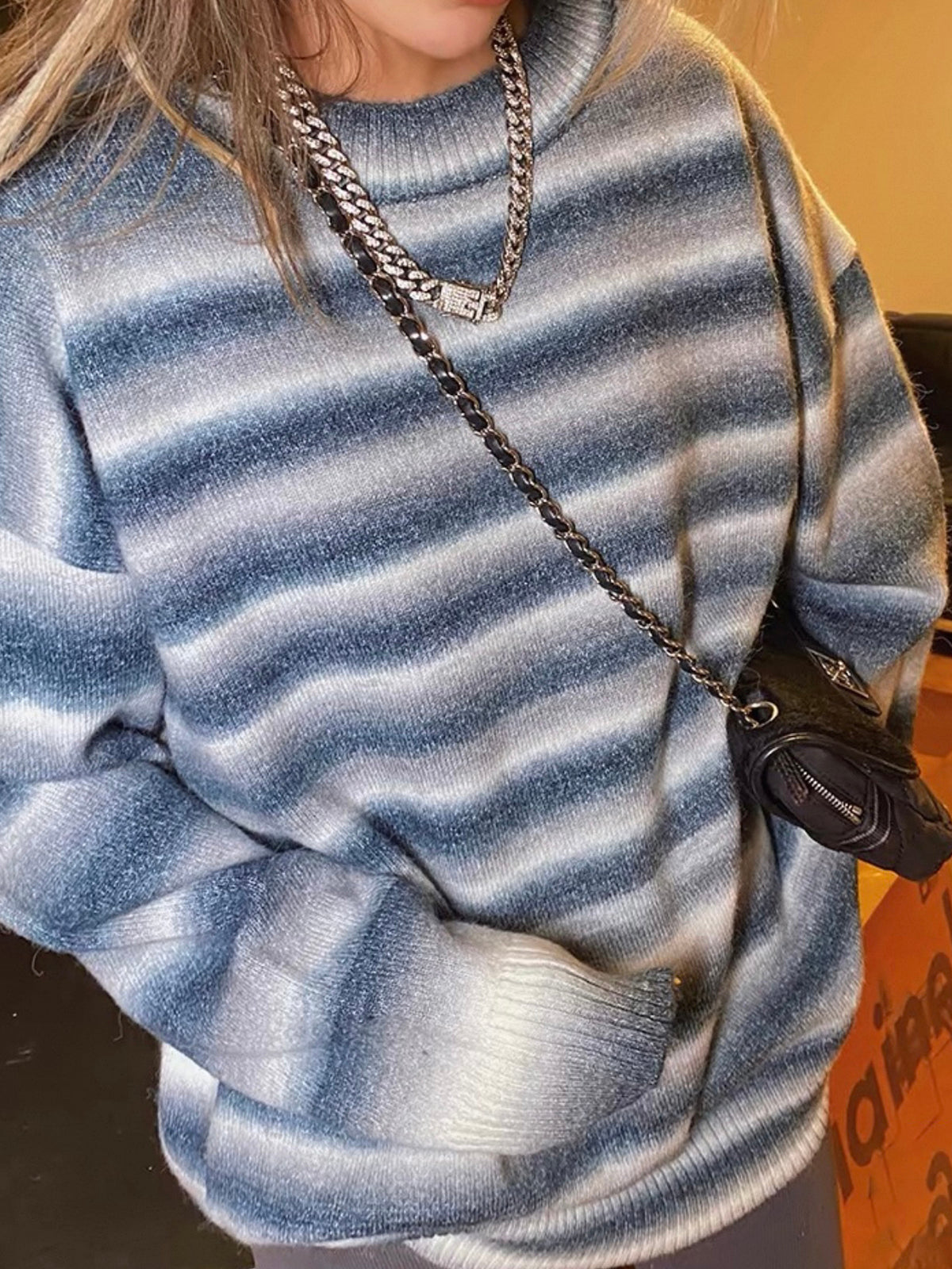 Co-ed Dorm Baggy Striped Knit Sweater Top - Blue