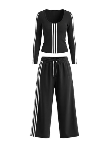 American Club Side Striped Long Sleeve Top and Wide-leg Pants Two-Piece Set - Black