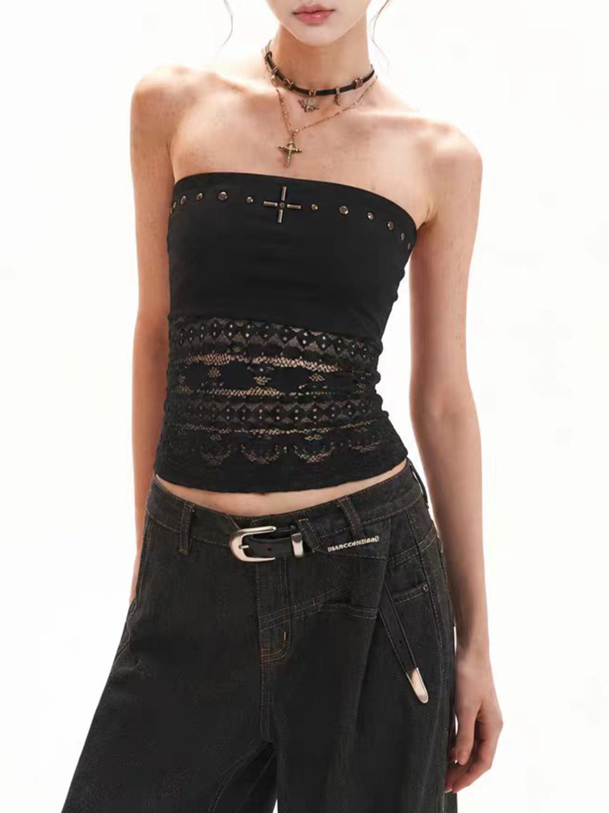 Brick Lane Skimming Lace Trim Strapless Tube Top - Black