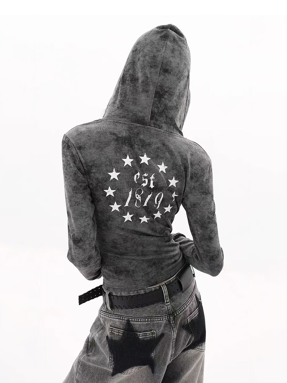 Brick Lane Skimming Washed Graphic Print Button-Front Long Sleeve Tee - Grey