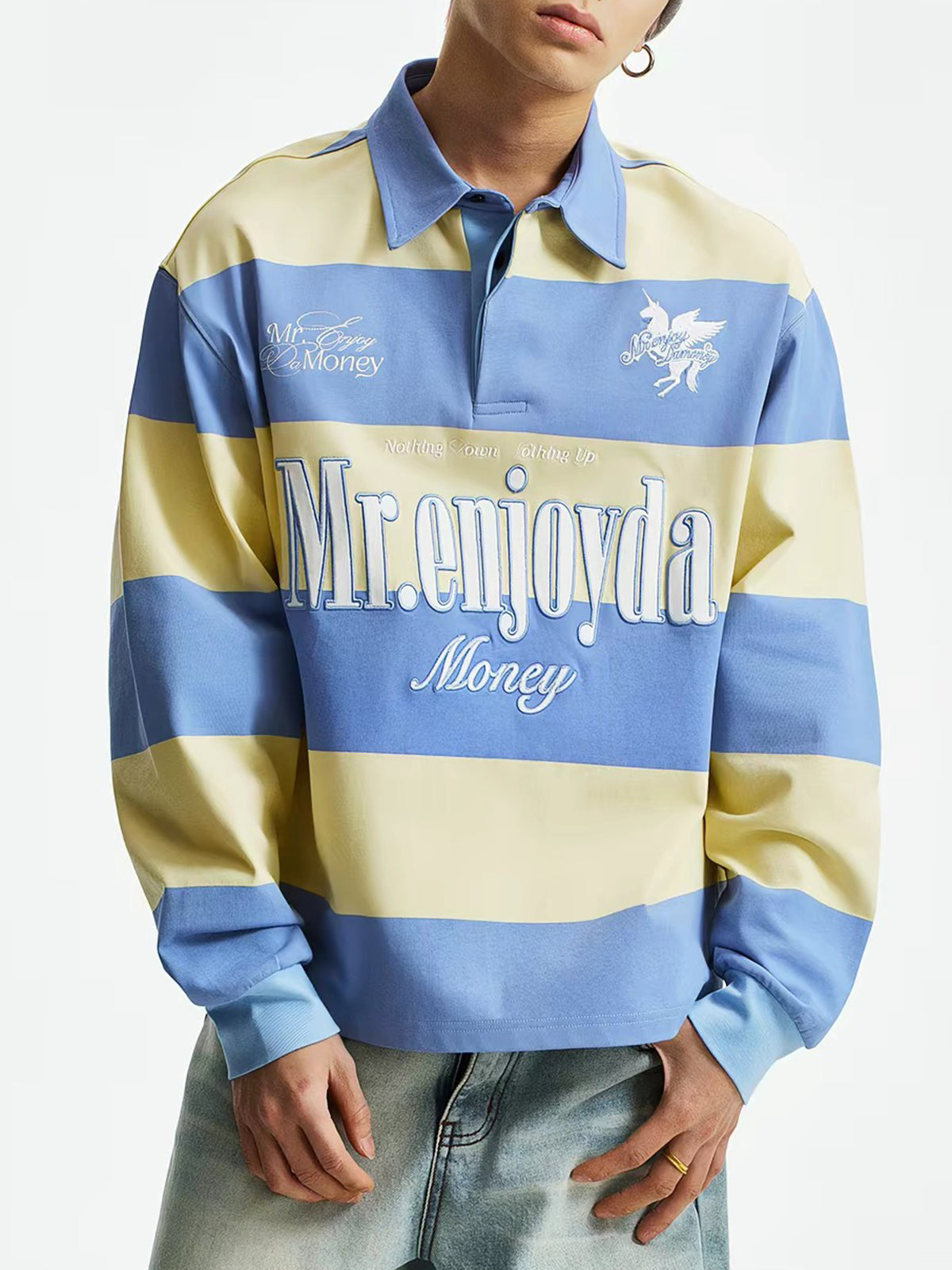 American Club Baggy Striped Crewneck Sweatshirt Top - Blue