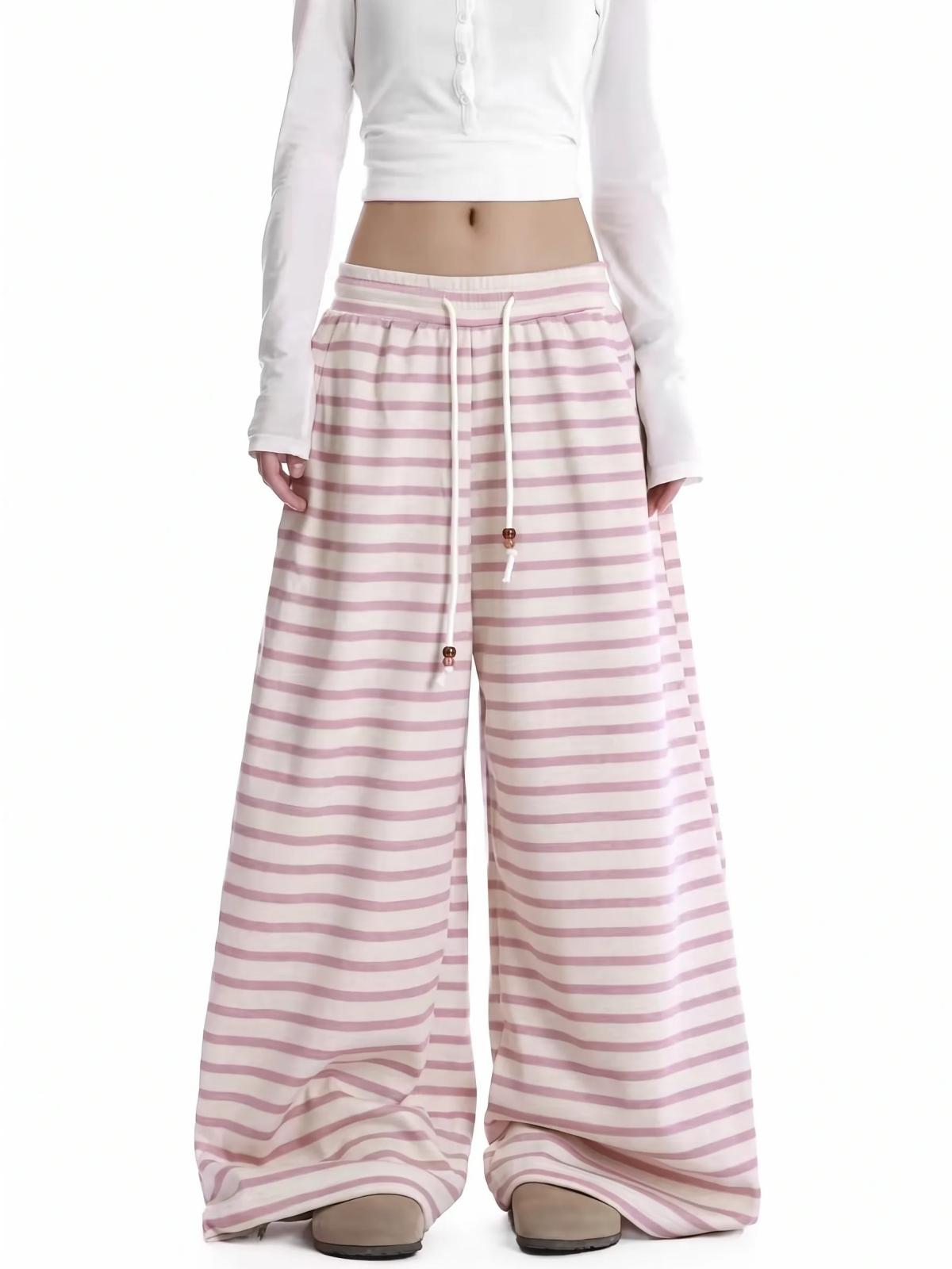 Brick Lane Striped Drawstring Wide-Leg Maxi Pants - Pink/White