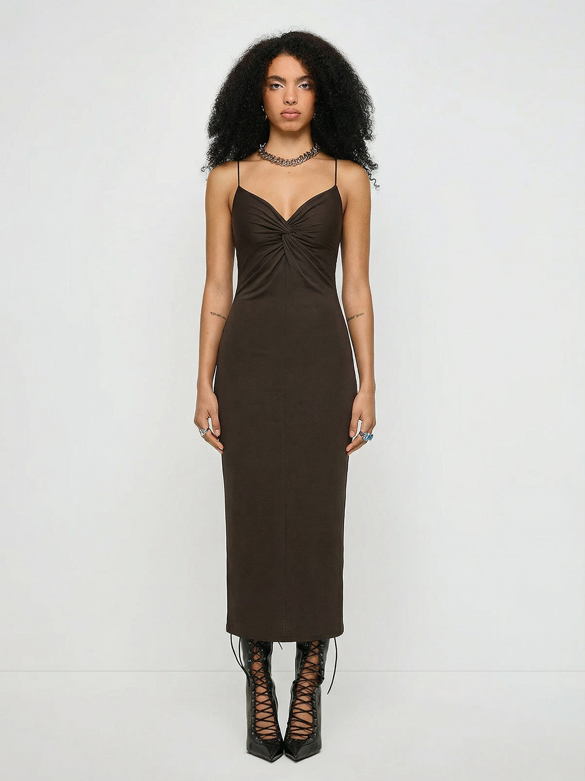 Held Gaze V-Neck Maxi Dress – Dark Cocoa