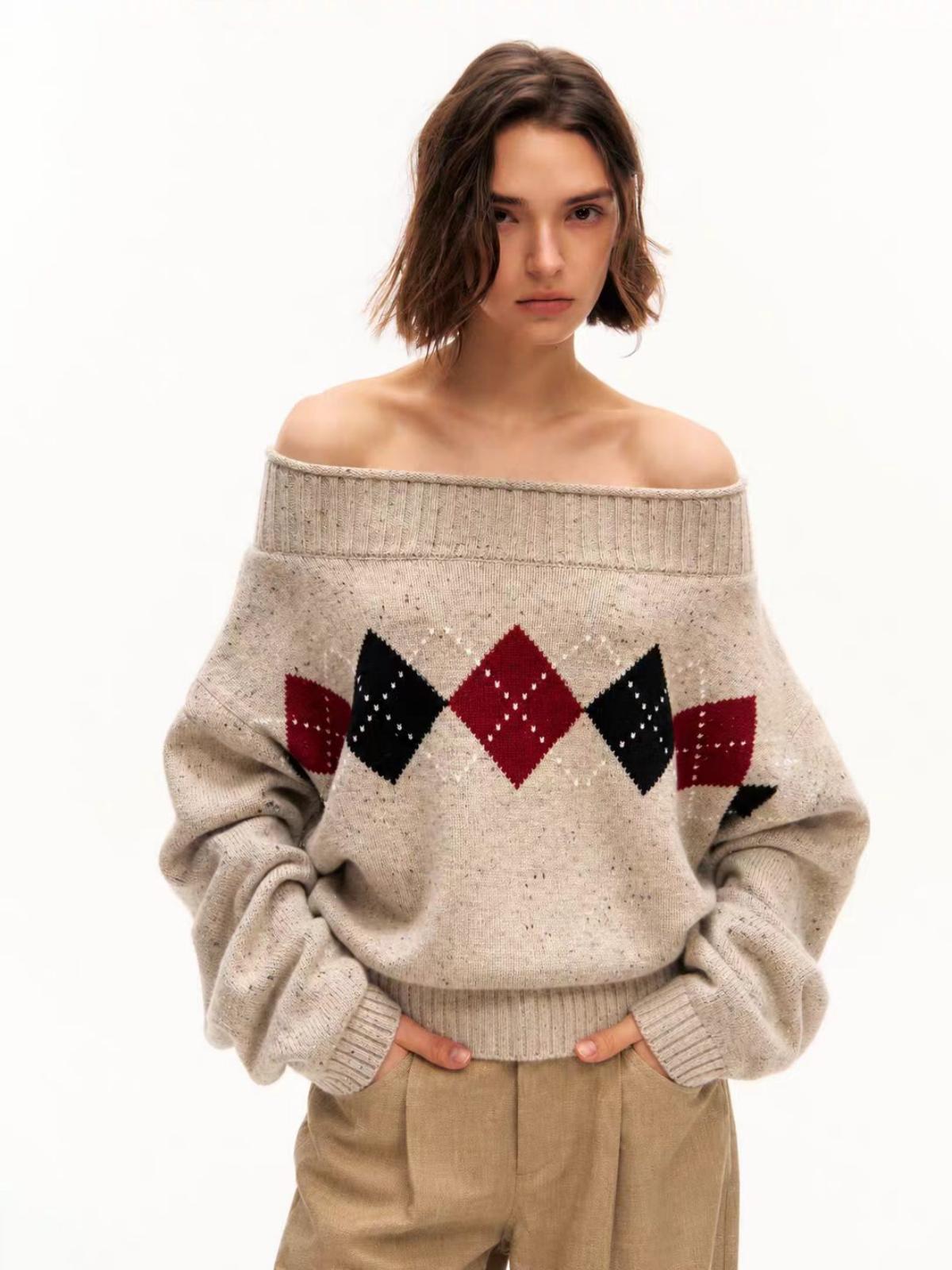 Brick Lane Off-Shoulder Argyle Pattern Knit Sweater - Oatmeal