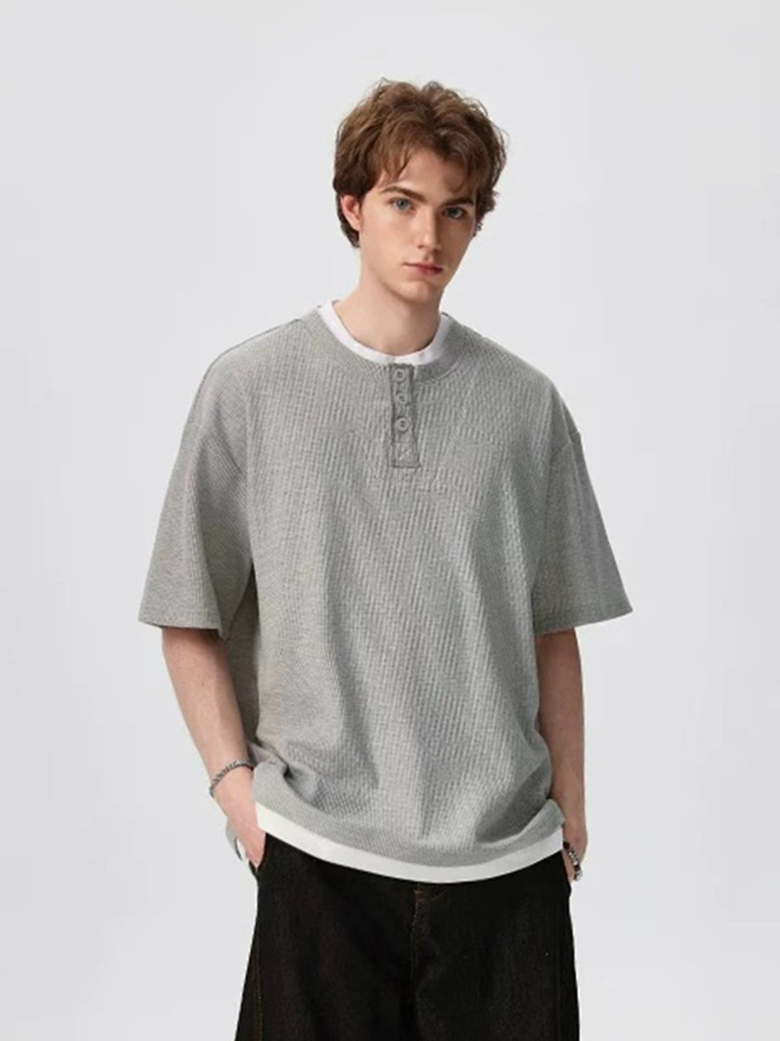 Co-ed Dorm Textured Knit Henley T-Shirt - Grey