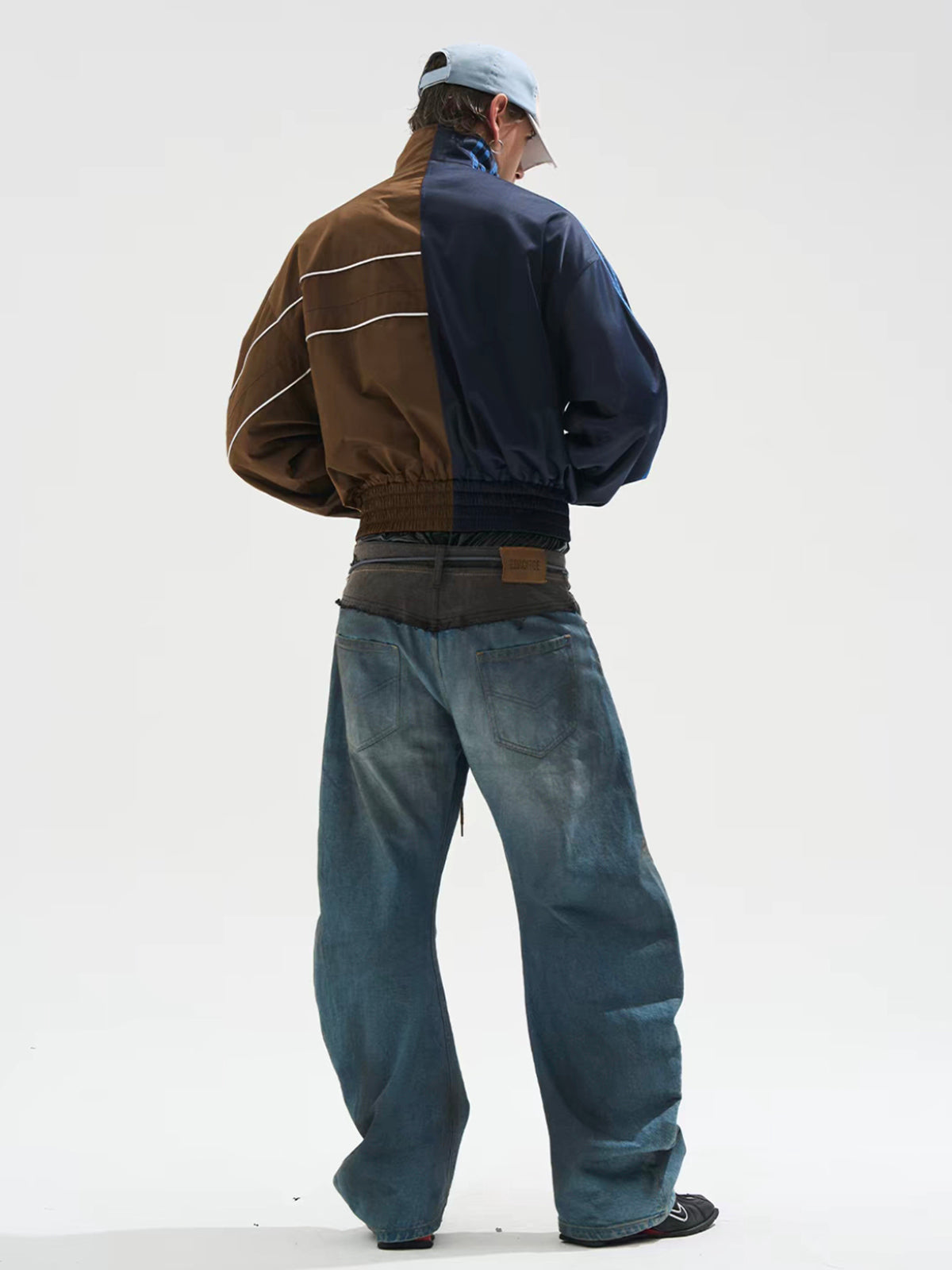 American Club Baggy Colorblock Suede Bomber Jacket - Brown