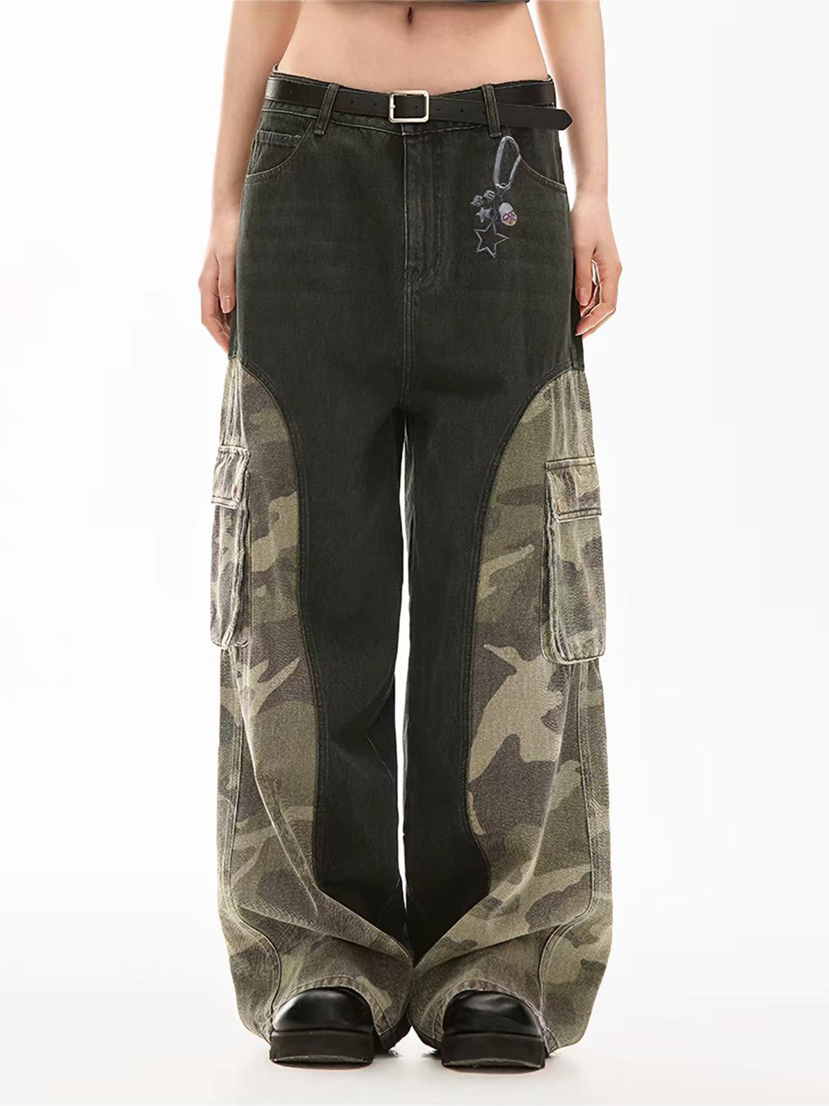Weekday Outdoor Two-Tone Contrast Wide-Leg Cargo Pants - Black/Camo