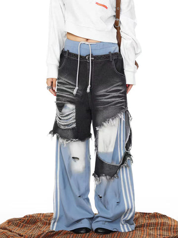 Brick Lane Wide-leg Layered Skirt Detail Distressed Denim Maxi Pants - Blue