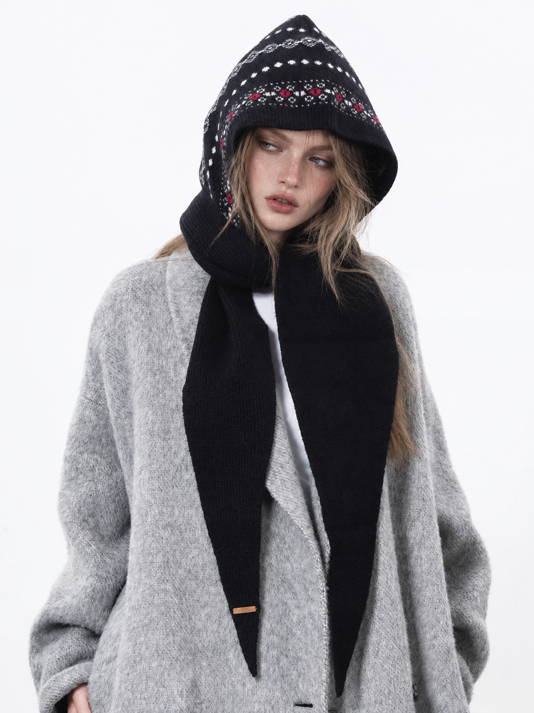 Co-ed Dorm Casual Jacquard Hooded Scarf - Black