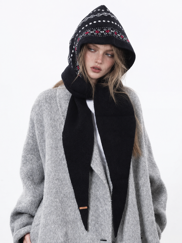 Co-ed Dorm Casual Jacquard Hooded Scarf - Black