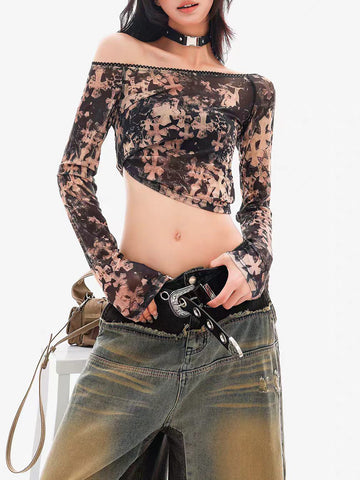 Brick Lane Off-Shoulder Printed Long Sleeve Crop Top - Brown
