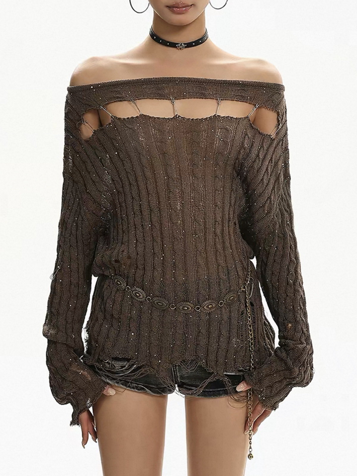 Brick Lane Skimming Patterned Crewneck Knit Top - Brown