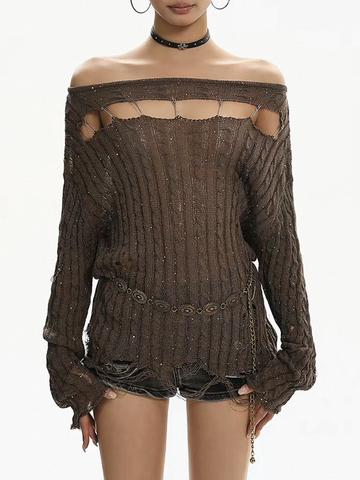 Brick Lane Skimming Patterned Crewneck Knit Top - Brown