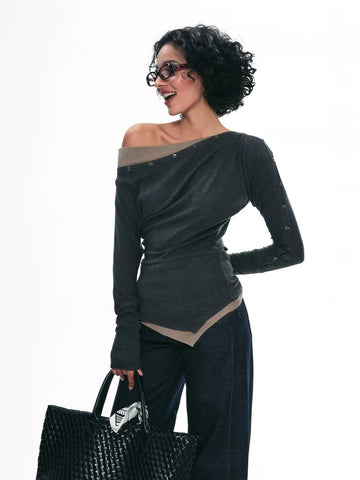 Brick Lane Asymmetric Off-Shoulder Slim Fit Knit Sweater - Charcoal