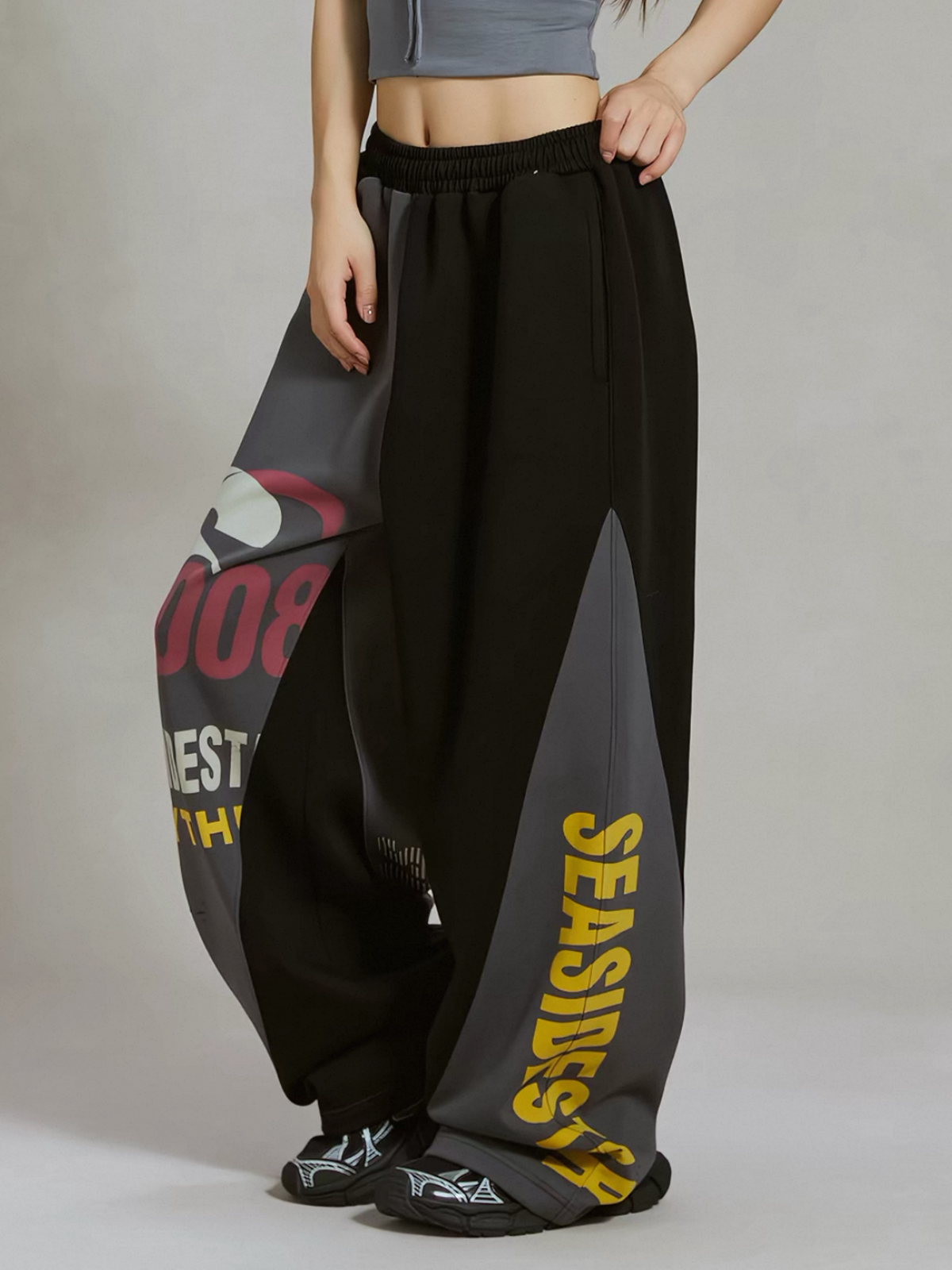 Co-ed Dorm Wide-leg Contrast Fold-over Waist Maxi Pants - Grey