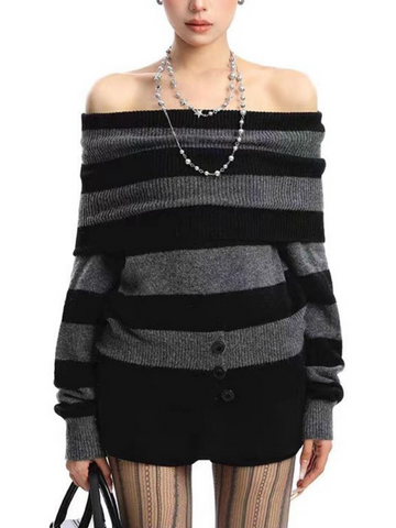 Brick Lane Off-Shoulder Striped Knit Long Sleeve Sweater - Black/White