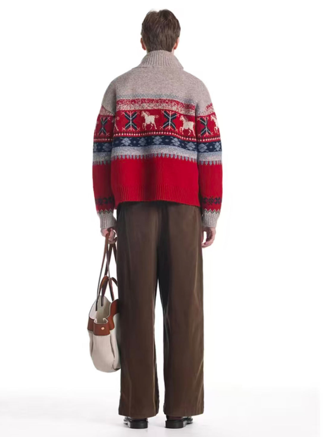 Co-ed Dorm Baggy Colorblock Fair Isle Zip Cardigan Knit Top - Grey