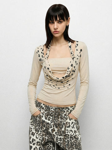 Leopard Glance Sleeve Top – Cream Beige