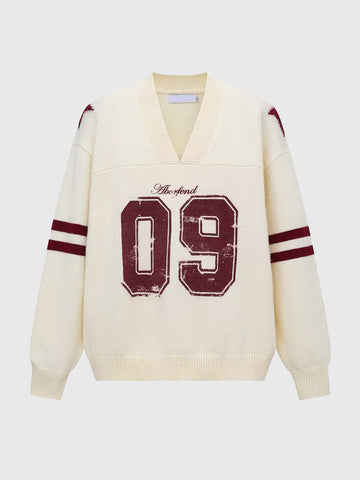 Collegiate V-Neck Sweater – Cream Burgundy