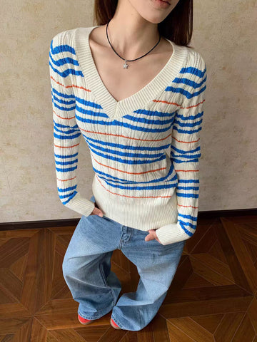 Brick Lane Striped V-Neck Long Sleeve Knit Top - Blue/White