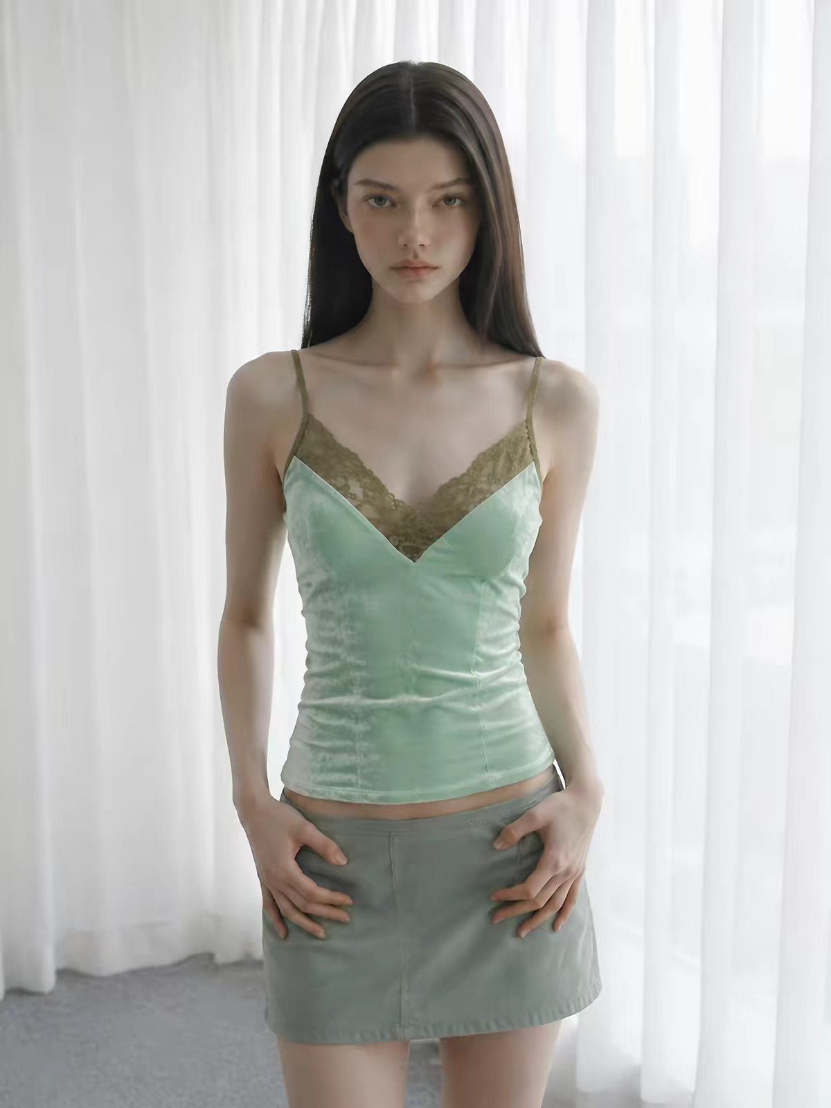 Brick Lane Skimming Lace Trim Camisole Tank - Mint Green