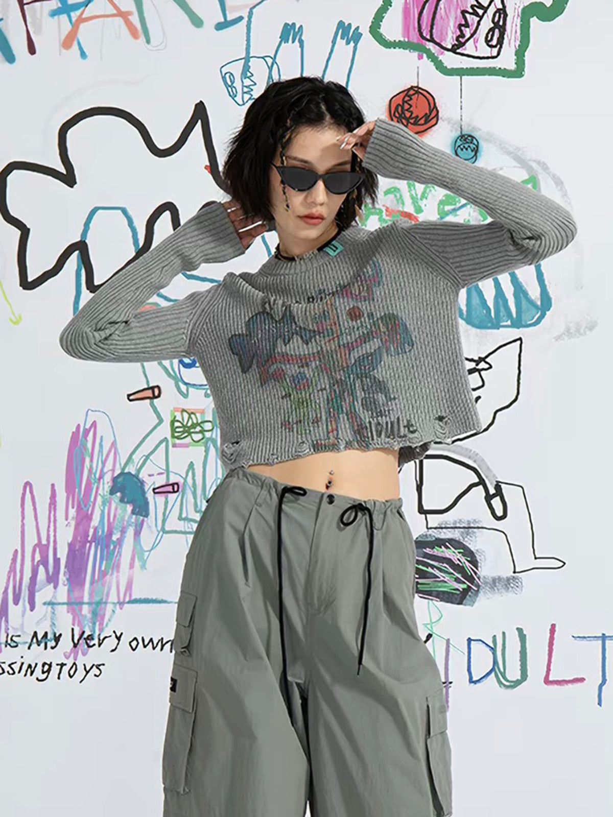 American Club Skimming Graphic Print Long Sleeve Top - Grey