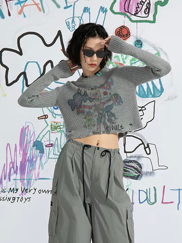 American Club Skimming Graphic Print Long Sleeve Top - Grey