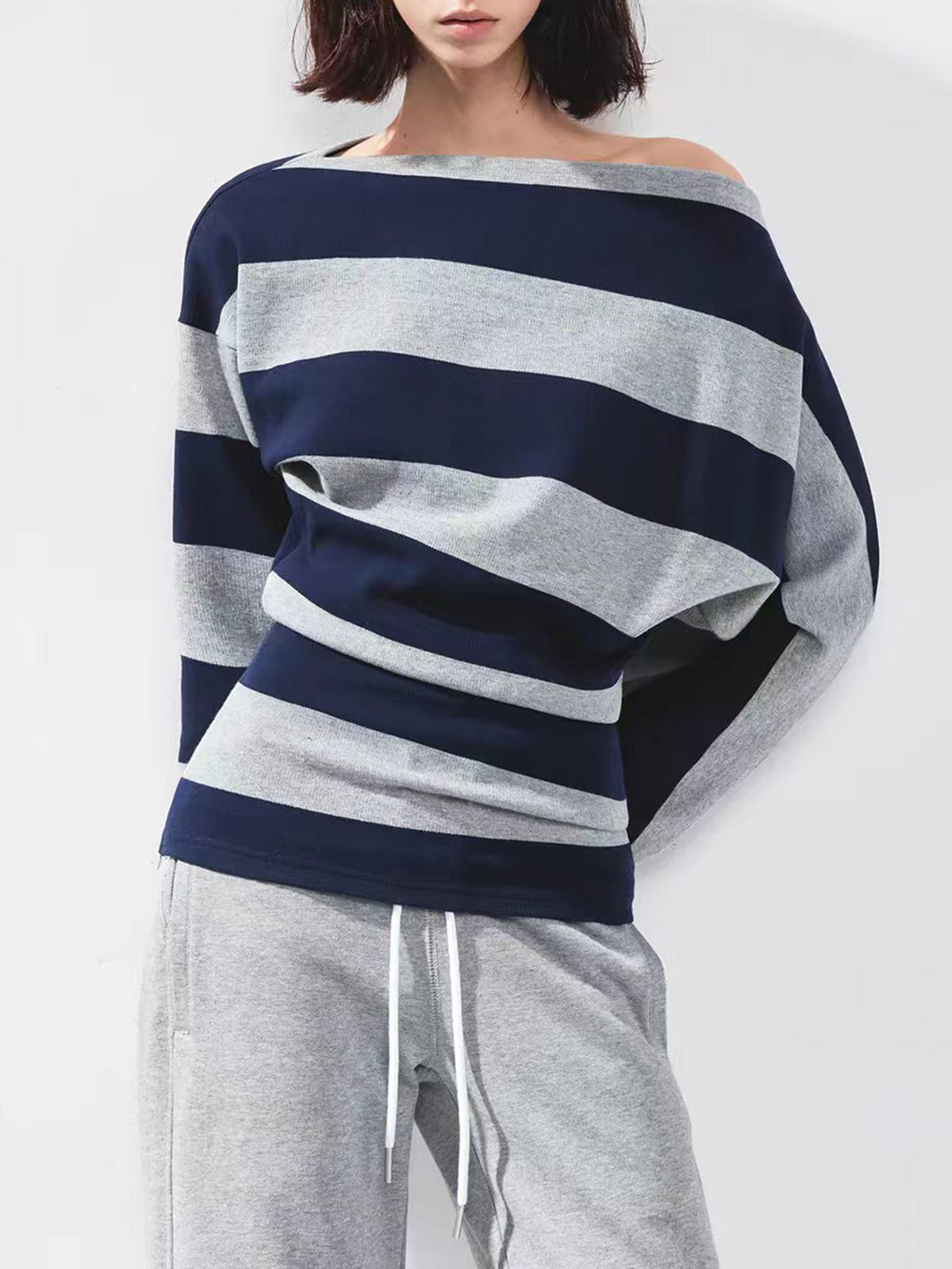 Brick Lane Striped Off-Shoulder Relaxed Knit Sweater - Blue/White