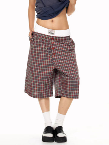 Brick Lane Baggy Plaid Flannel Casual Shorts - Red