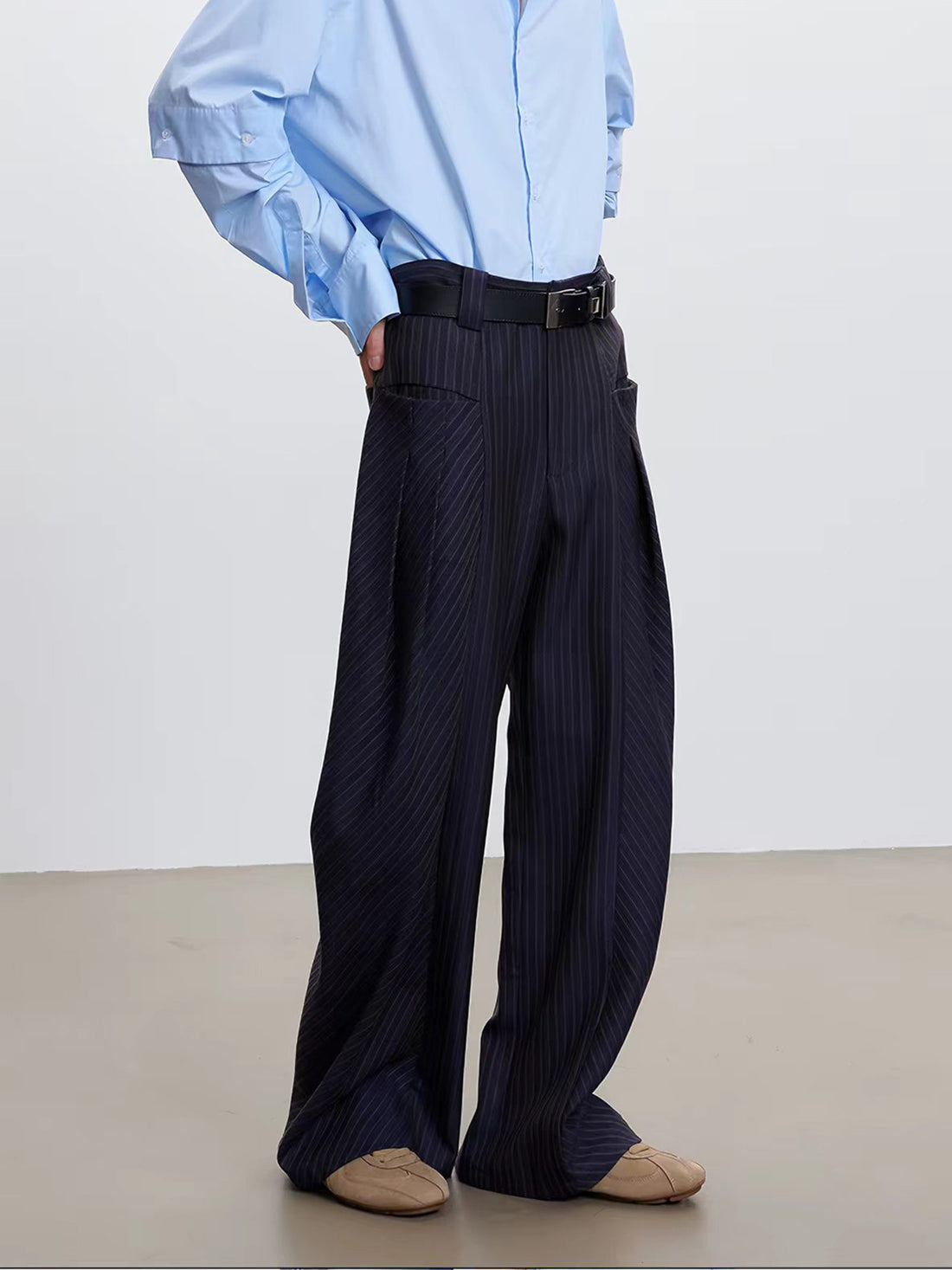 American Club Wide-leg Pleated Washed Denim Maxi Pants - Blue